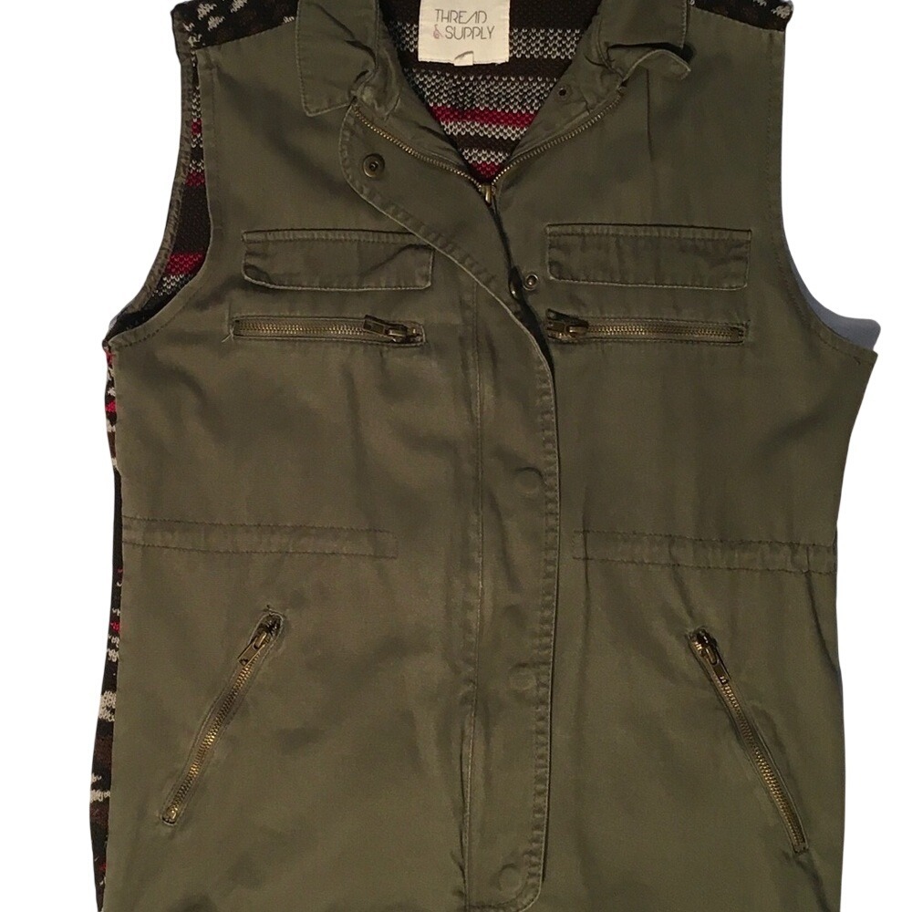 Thread Supply Olive Green Utility Vest Southwestern Pattern Lined Women S